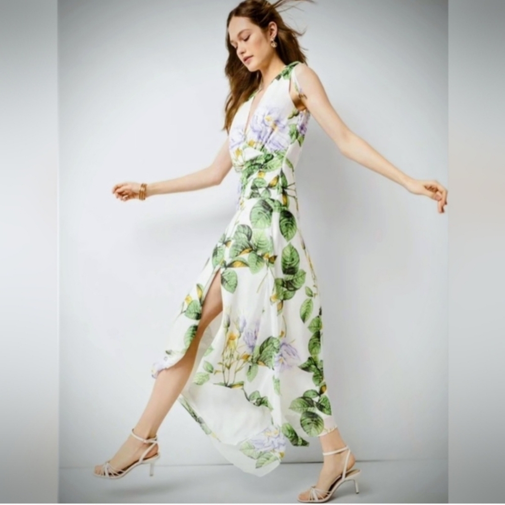 WHBM Elegant White Floral Flowy Rusched Asymmetric Sleeveless Midi Sz:12 - Picture 16 of 16